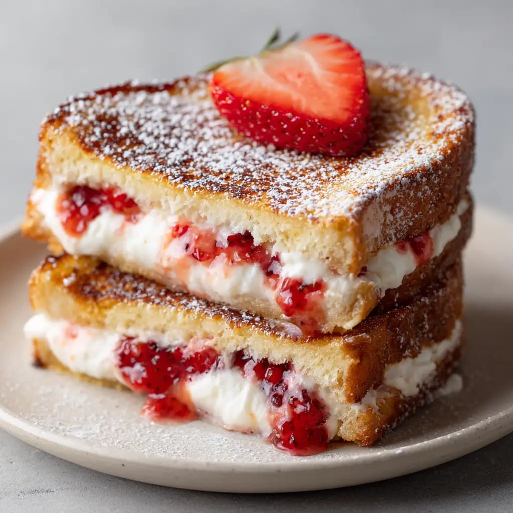 Fried Strawberry Cheesecake Sandwiches with Glossy Strawberries