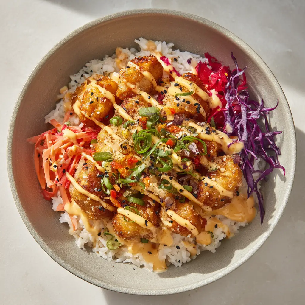 Bang Bang Chicken Bowl with Crispy Chicken and Spicy Sauce