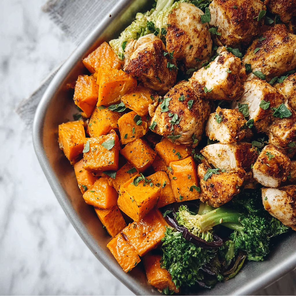 Sheet Pan Chicken and Sweet Potato Meal Prep with Roasted Broccoli