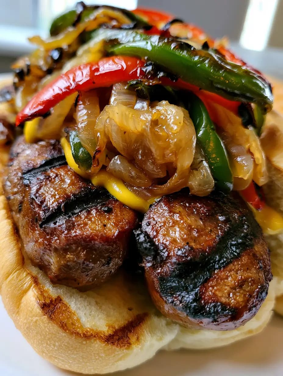 Grilled Kielbasa Sandwiches with Charred Peppers and Jammy Onions