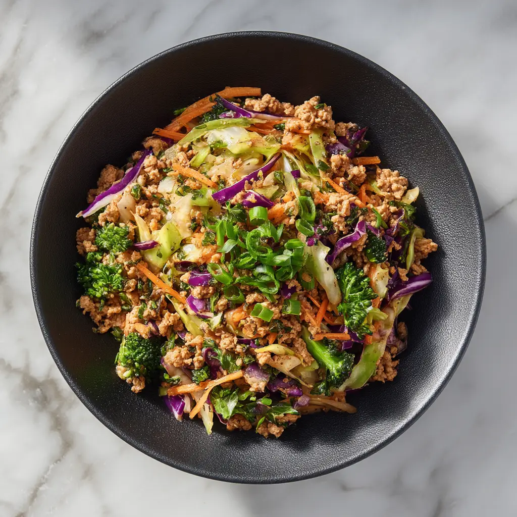 High Protein Egg Roll in a Bowl with Creamy Sriracha Sauce