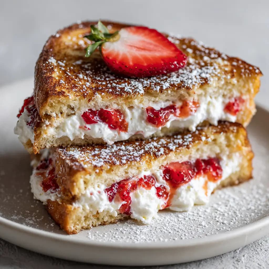 Fried Strawberry Cheesecake Sandwiches with Glossy Strawberries