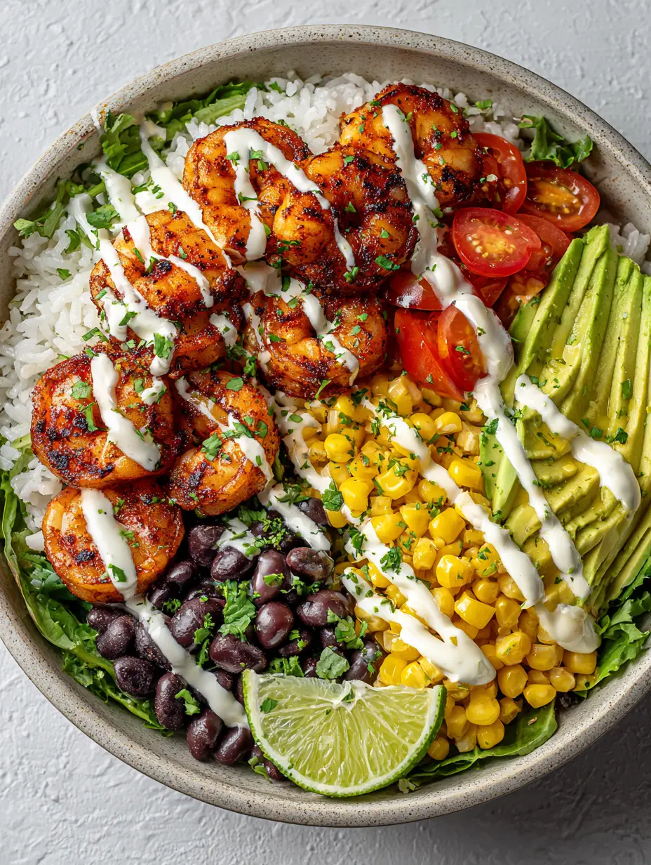 Grilled Shrimp Bowl with Fire-Roasted Corn and Lime Crema