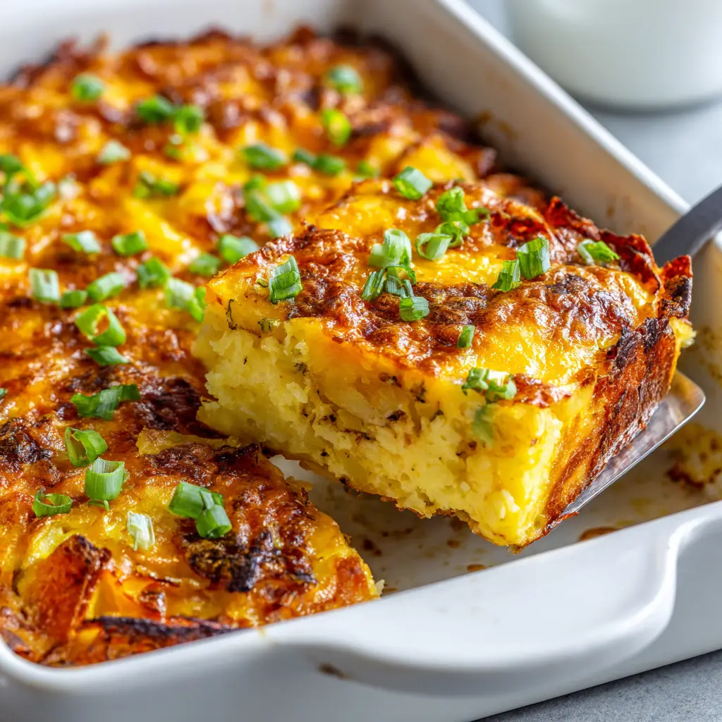 Crispy Potato Breakfast Casserole with Fluffy Eggs & Cheddar