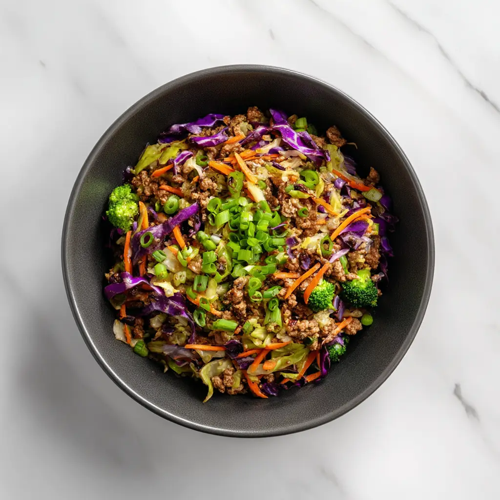 High Protein Egg Roll in a Bowl with Creamy Sriracha Sauce