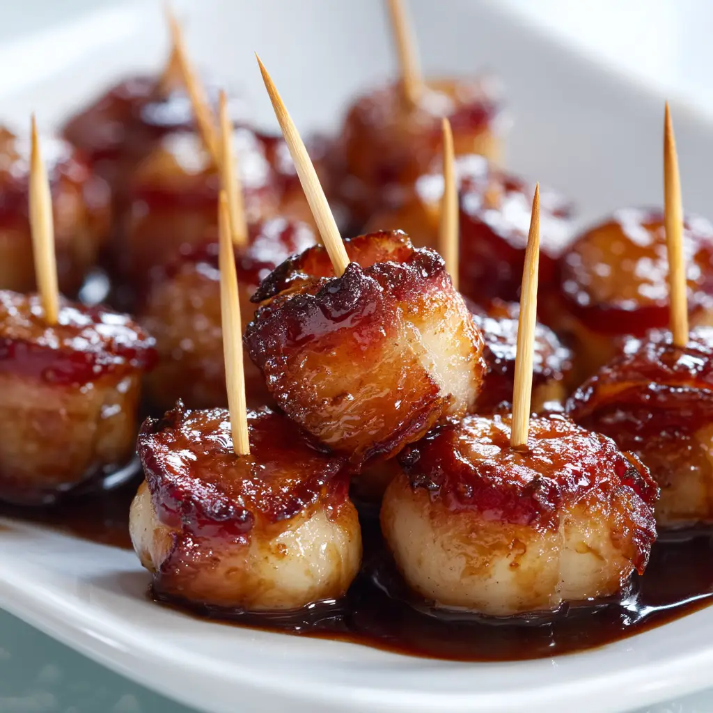 Bacon Wrapped Water Chestnuts with Sweet Soy Glaze